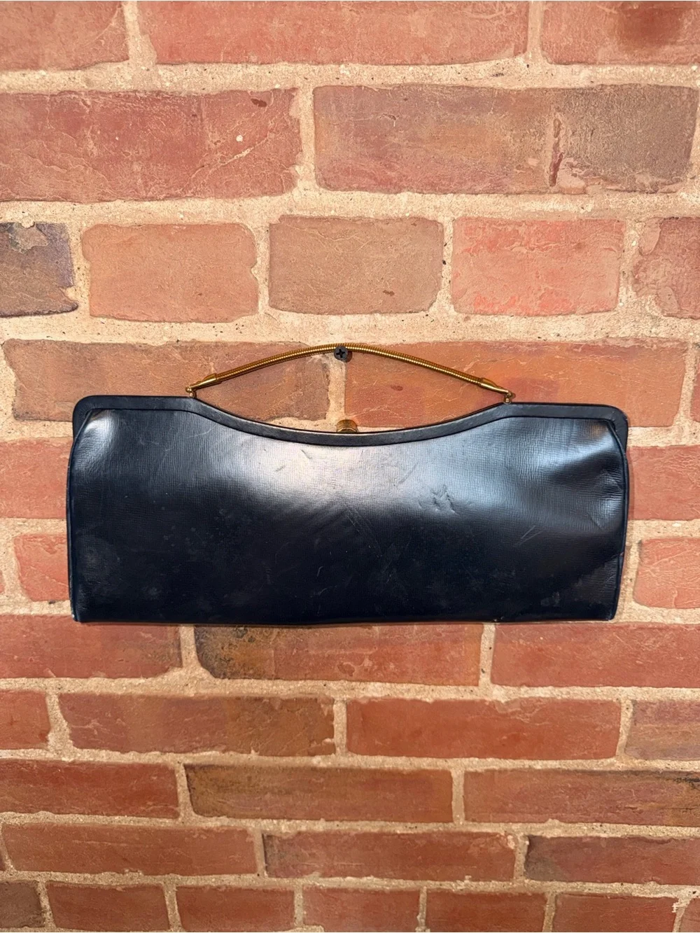 Blue Leather Wristlet Clutch with Gold-Tone Handle